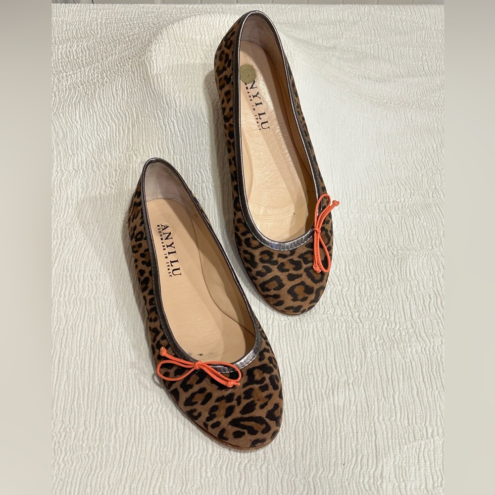 Anyi Lu Leopard Pattern Flats with Bow Accents Handmade in Italy